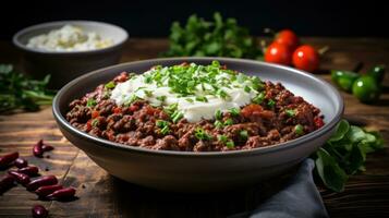 Spicy chili con carne topped with sour cream and chives photo