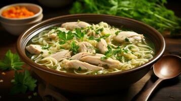 Warm bowl of chicken noodle soup with fresh herbs photo