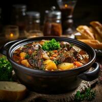 Hearty beef stew with vegetables in a rustic pot photo