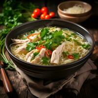 Warm bowl of chicken noodle soup with fresh herbs photo