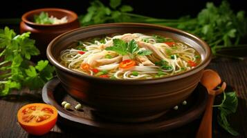 Warm bowl of chicken noodle soup with fresh herbs photo