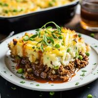 Savory shepherd's pie with mashed potatoes and ground beef photo