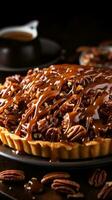 Pecan pie with caramel drizzle a sweet and nutty delight photo