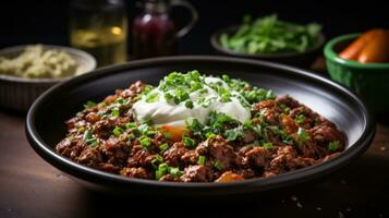 Spicy chili con carne topped with sour cream and chives photo