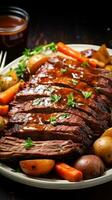 Classic beef pot roast with carrots, onions, and gravy photo