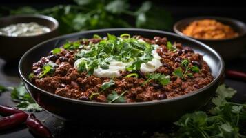 Spicy chili con carne topped with sour cream and chives photo