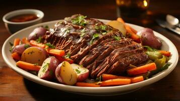 Classic beef pot roast with carrots, onions, and gravy photo