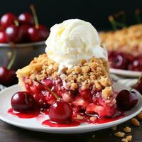 Cherry pie with crumb topping bursting with juicy fruit photo