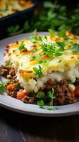 Savory shepherd's pie with mashed potatoes and ground beef photo
