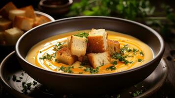 Creamy pumpkin soup garnished with croutons and parsley photo