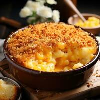 Comforting bowl of macaroni and cheese with bread crumbs photo