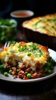 Savory shepherd's pie with mashed potatoes and ground beef photo