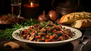 Rich beef bourguignon with mushrooms and red wine sauce photo