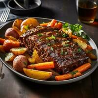 Classic beef pot roast with carrots, onions, and gravy photo