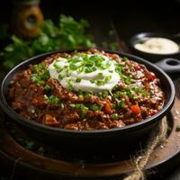 Spicy chili con carne topped with sour cream and chives photo