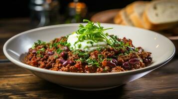 Spicy chili con carne topped with sour cream and chives photo