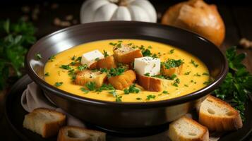 Creamy pumpkin soup garnished with croutons and parsley photo