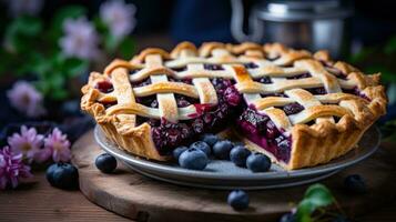 Blueberry pie with lattice crust, a summertime treat in winter photo