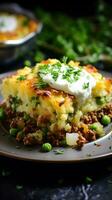 Savory shepherd's pie with mashed potatoes and ground beef photo