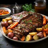 Classic beef pot roast with carrots, onions, and gravy photo