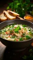Warm bowl of chicken noodle soup with fresh herbs photo