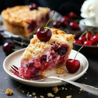 Cherry pie with crumb topping bursting with juicy fruit photo