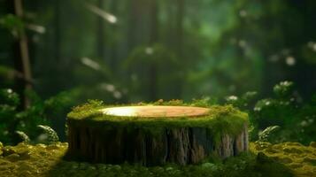 Empty wooden table podium in the forest photo