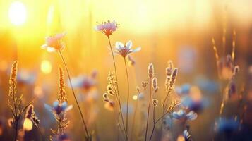 Beautiful meadow with flowers at sunset. Nature background photo