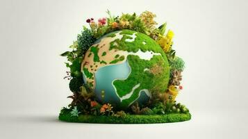 Green planet with flowers and plants on white background photo