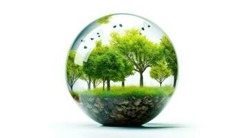 Green planet with flowers and plants on white background photo