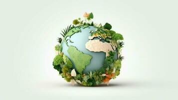 Green planet with flowers and plants on white background photo