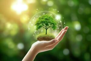 Human hands holding green tree on nature background. Eco friendly concept. photo