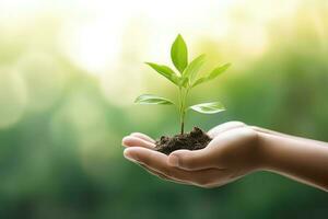Human hands holding a young plant with green bokeh background. photo