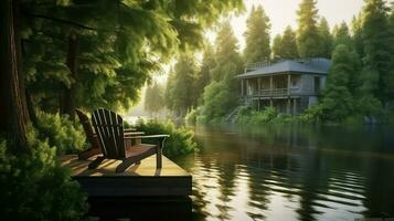 de madera casa en el lago en el bosque. de madera casa en el lago. foto