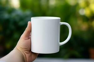 Hand holding a white mug on the background of a mountain landscape. photo