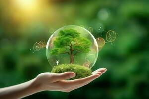 Human hands holding green tree on nature background. Eco friendly concept. photo