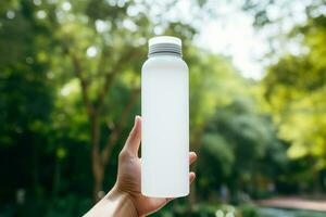 Hands holding a white bottle of whey protein on nature background photo
