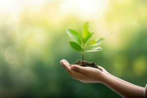 Human hands holding a young plant with green bokeh background. photo