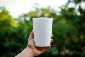 Hand holding a white mug on the background of a mountain landscape. photo