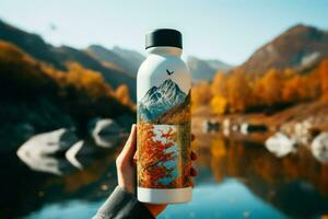 Female hand holding a sports bottle with a mountain landscape on the background photo