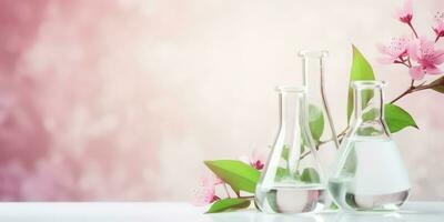 Sakura flowers in vases on a white background with copy space photo