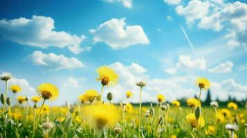 campo de diente de león y azul cielo con blanco nubes naturaleza antecedentes foto