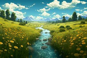 Beautiful spring landscape with river and dandelions photo