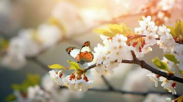 White butterfly on a branch of a blossoming tree. Spring background photo