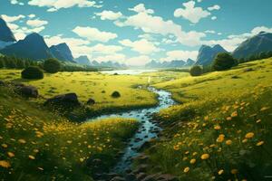Beautiful spring landscape with river and dandelions photo