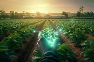 Smart farming technology concept with farmer hand touching digital hologram on field photo