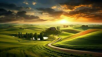 Beautiful rural landscape. Rural road in the field at sunset. photo