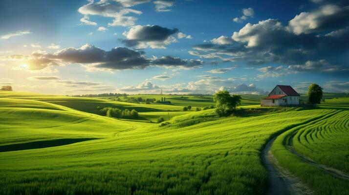 Beautiful rural landscape. Rural road in the field at sunset.