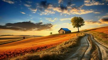 hermosa rural paisaje. rural la carretera en el campo a puesta de sol. foto