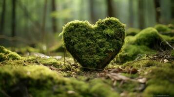 Heart shaped tree trunk covered with green moss in the forest, close up photo